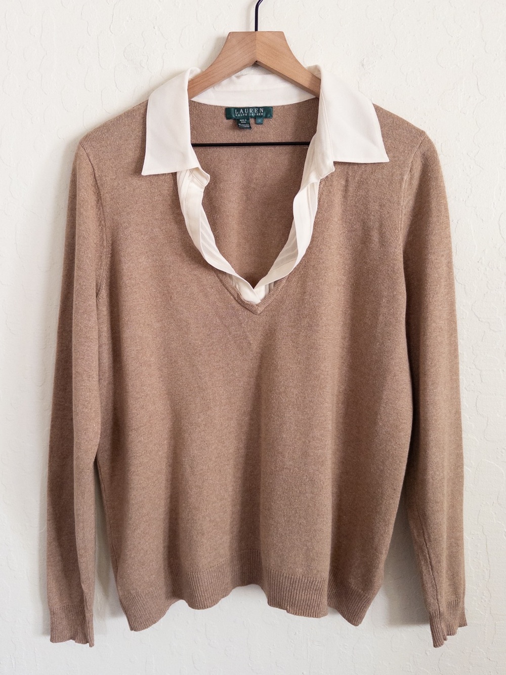 Lauren Ralph Lauren Silk Cashmere V-Neck Collared Layered Sweater 1X Camel Brown